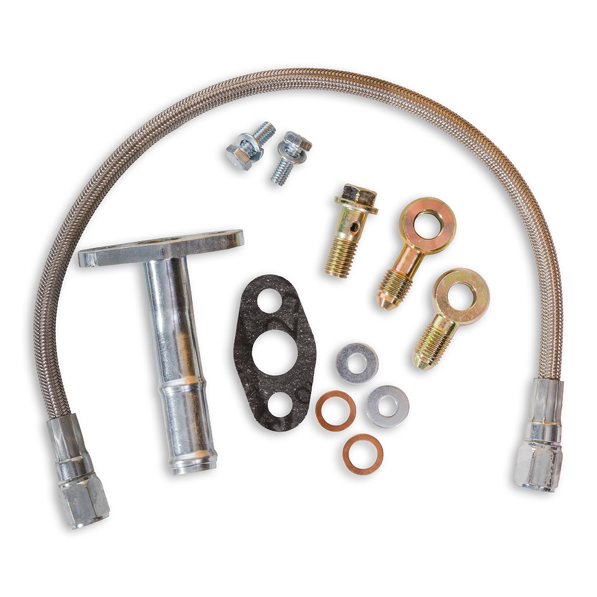 PPRC 44mm 4JJ1 turbo fitting kit with braided oil feed line, banjo bolts, drain flange and gaskets