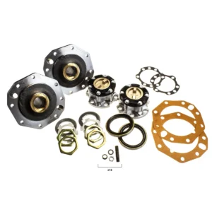 Drivetech manual hub conversion kit for Toyota LandCruiser 79 Series 2016 on DPF, showing Aisin free wheeling hubs, spindles, seals, gaskets and studs