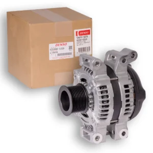 Genuine Denso 1VD-FTV V8 alternator suitable for Toyota LandCruiser 70 Series and 200 Series, with its box.