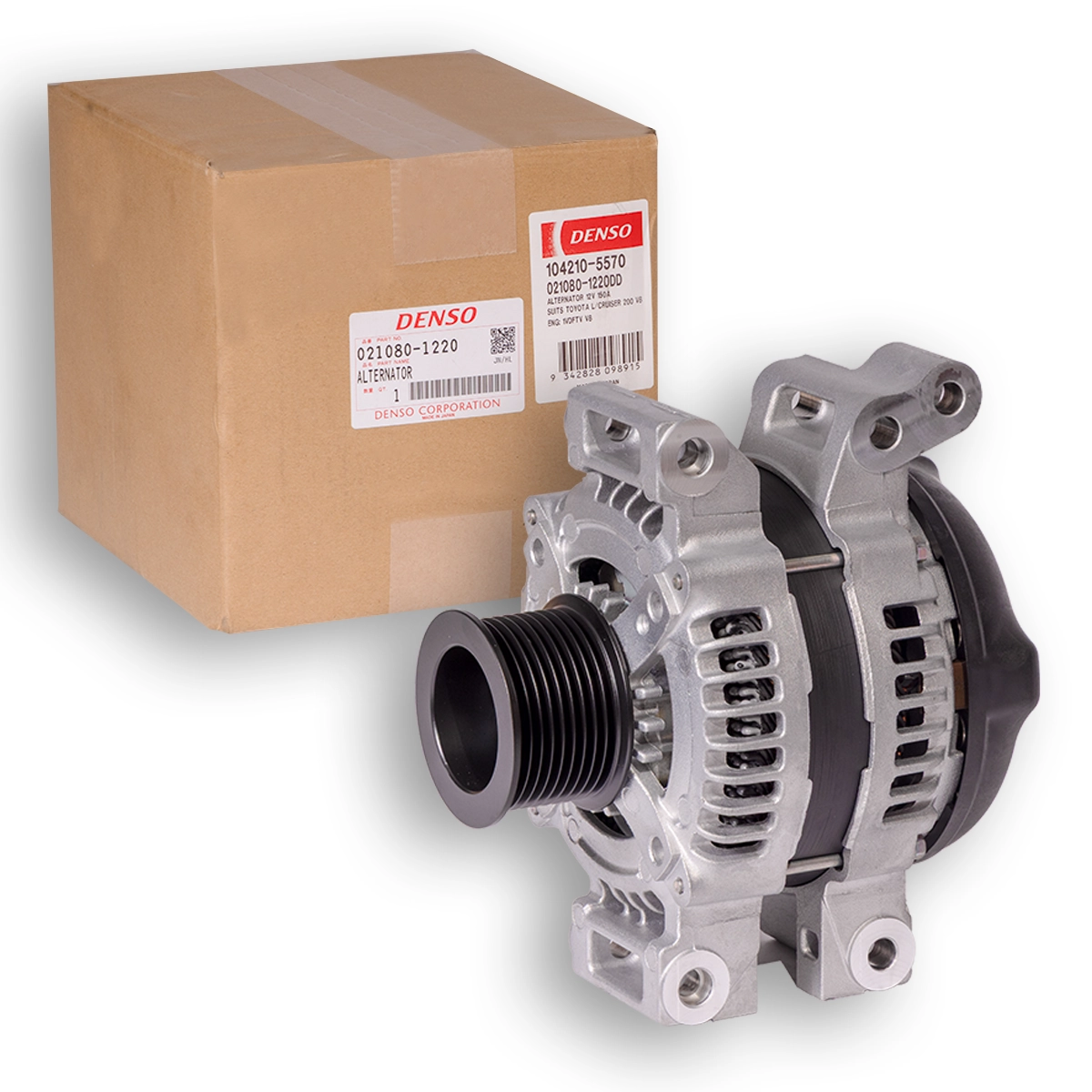 Genuine Denso 1VD-FTV V8 alternator suitable for Toyota LandCruiser 70 Series and 200 Series, with its box.