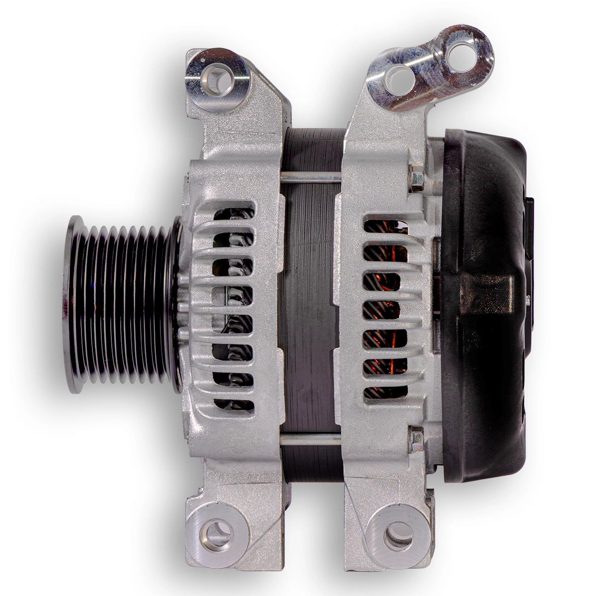 Genuine Denso 1VD-FTV V8 alternator suitable for Toyota LandCruiser 70 Series and 200 Series, side view.