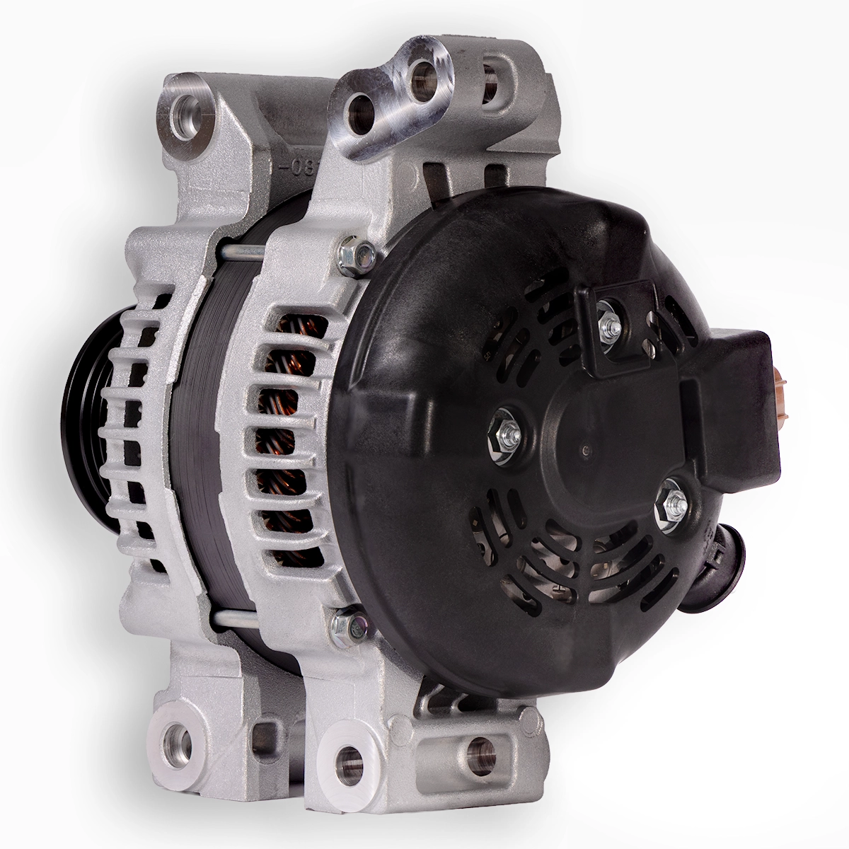 Genuine Denso 1VD-FTV V8 alternator suitable for Toyota LandCruiser 70 Series and 200 Series, rear view.