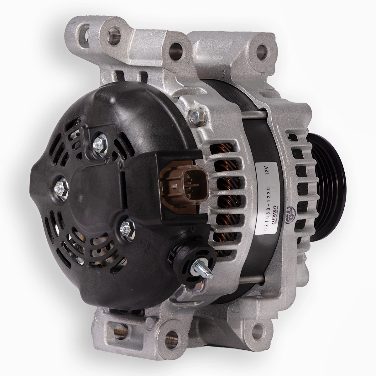 Genuine Denso 1VD-FTV V8 alternator suitable for Toyota LandCruiser 70 Series and 200 Series, rear view showing the plug connector.