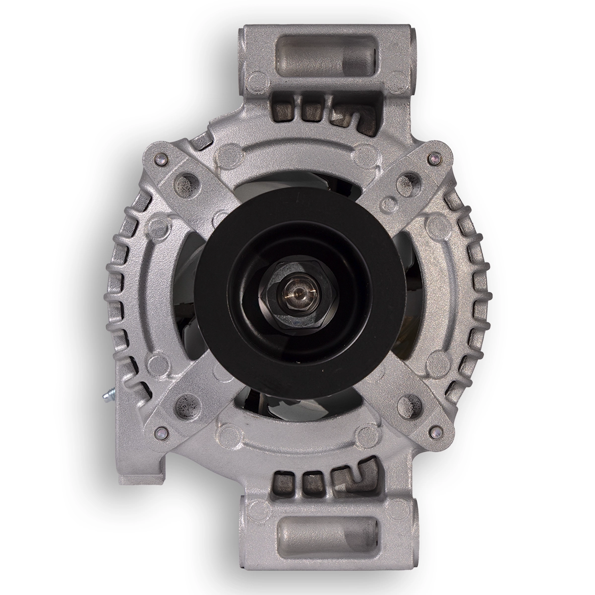 Genuine Denso 1VD-FTV V8 alternator suitable for Toyota LandCruiser 70 Series and 200 Series, second pulley end view.